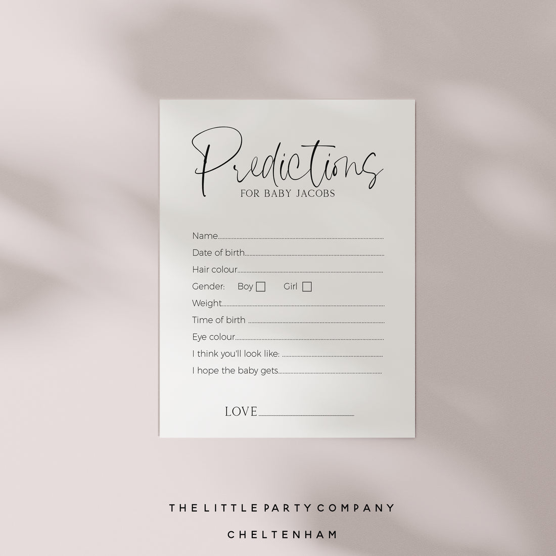 Minimal White Personalised Baby Shower Prediction Cards