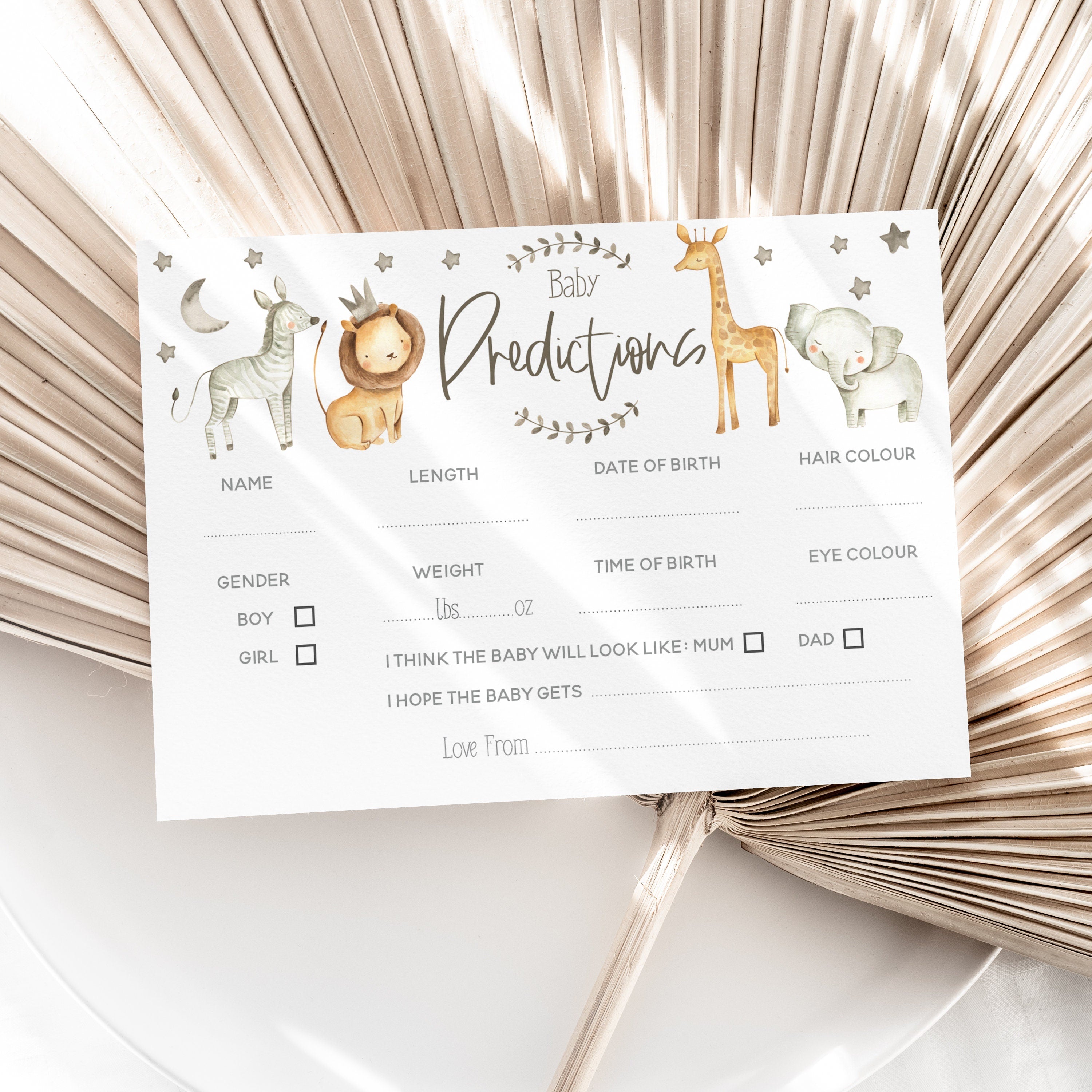 Cute Watercolour Safari Prediction Game Cards