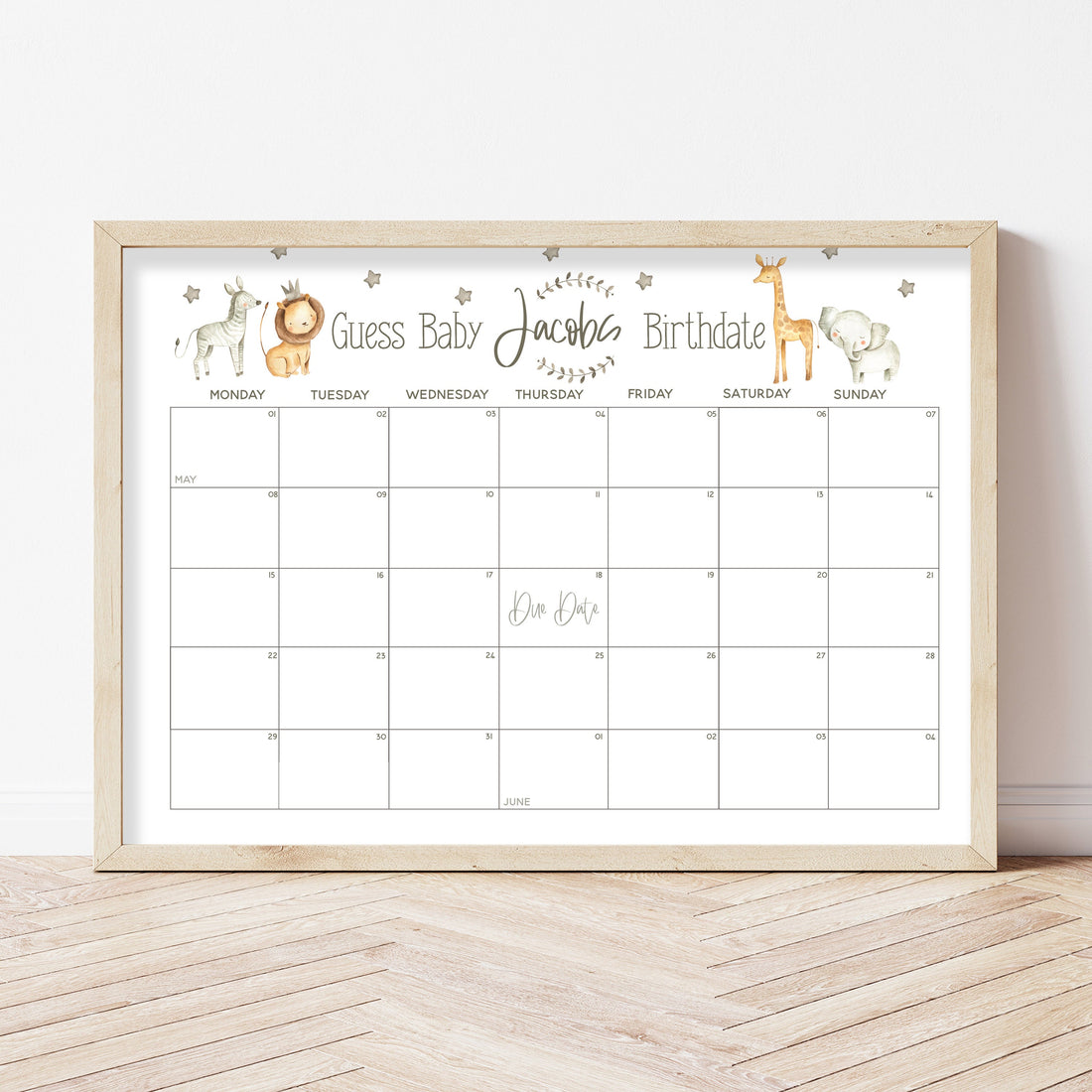 Cute Watercolour Safari Baby Birth Date Prediction