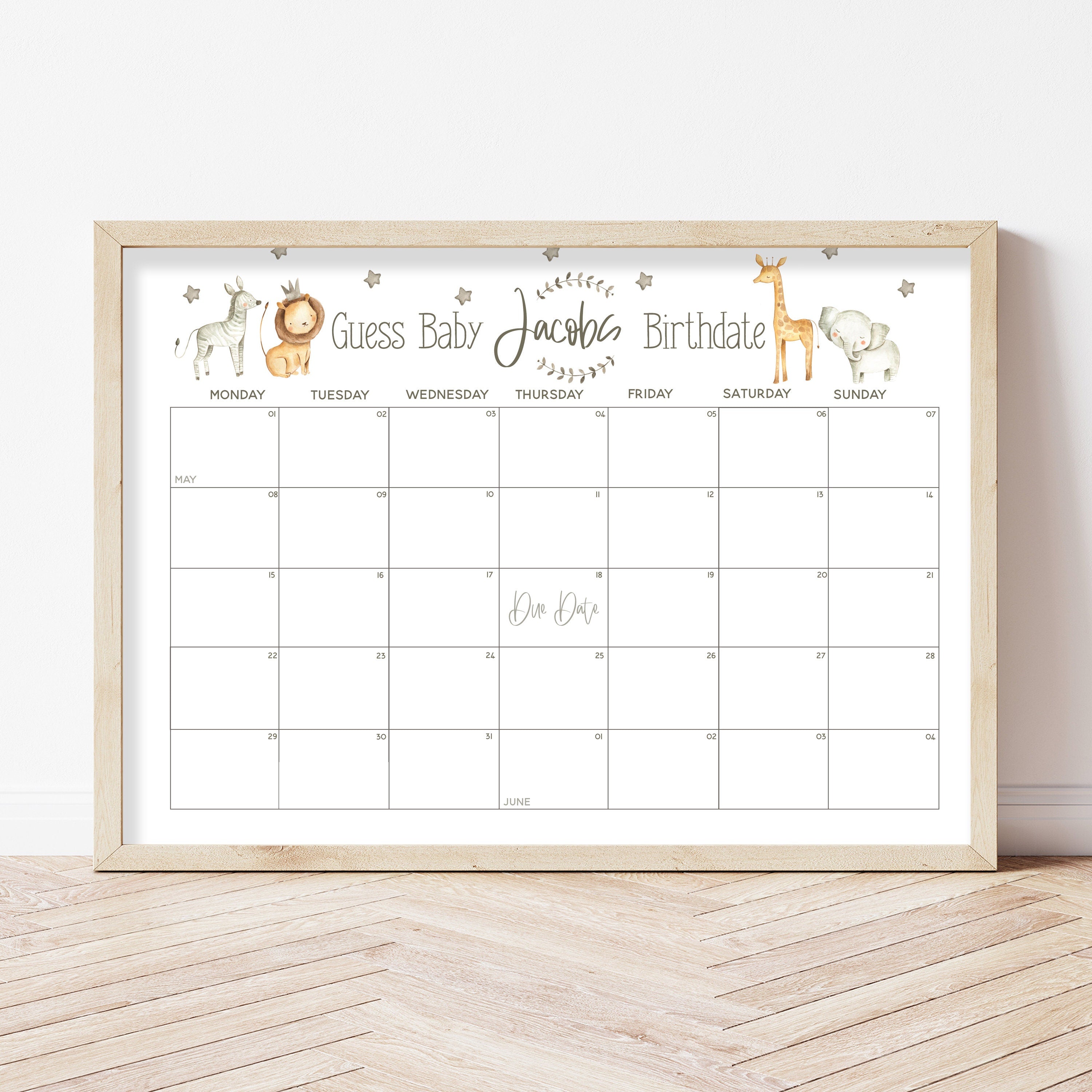 Cute Watercolour Safari Baby Birth Date Prediction