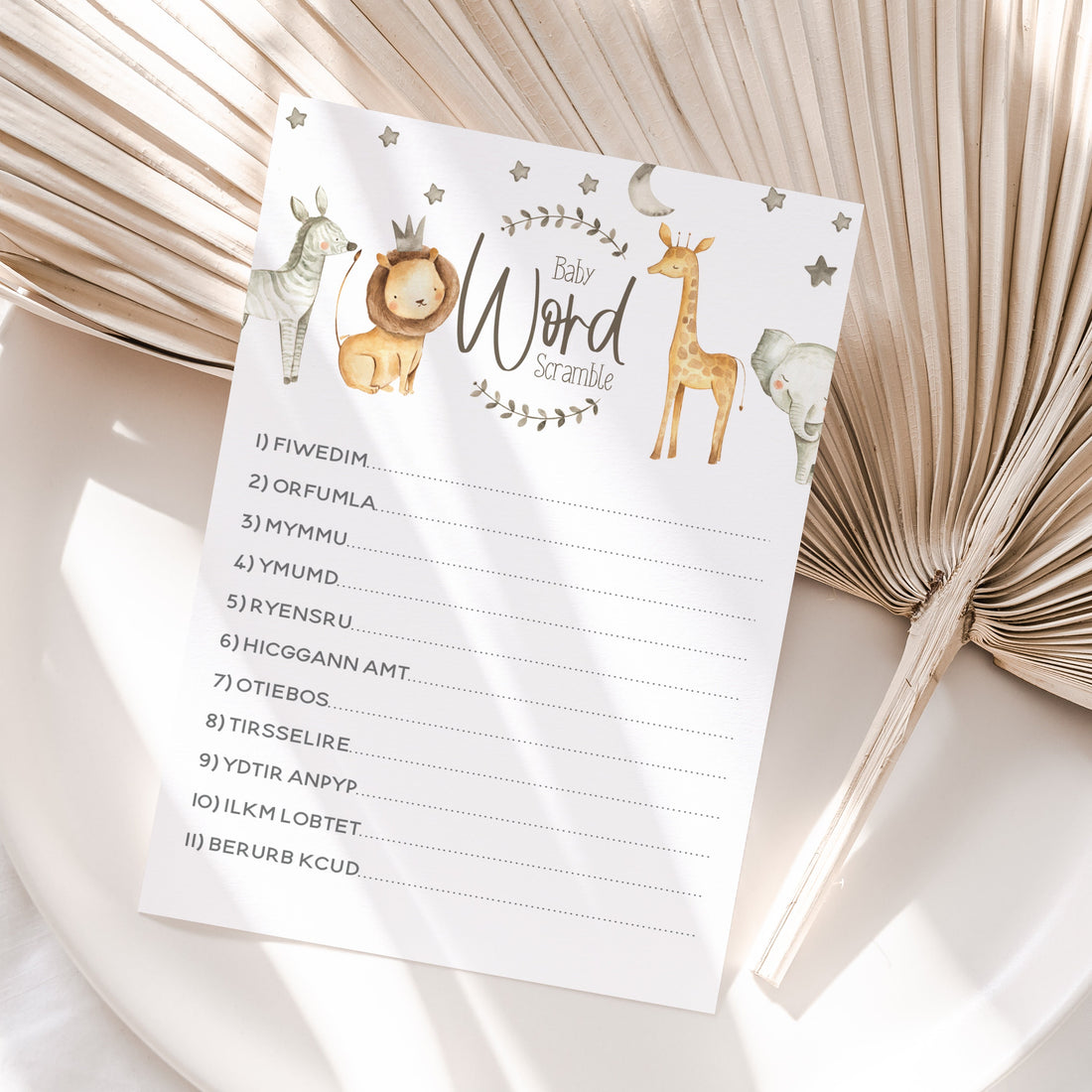 Cute Watercolour Safari Baby Shower Games Word Scramble Cards