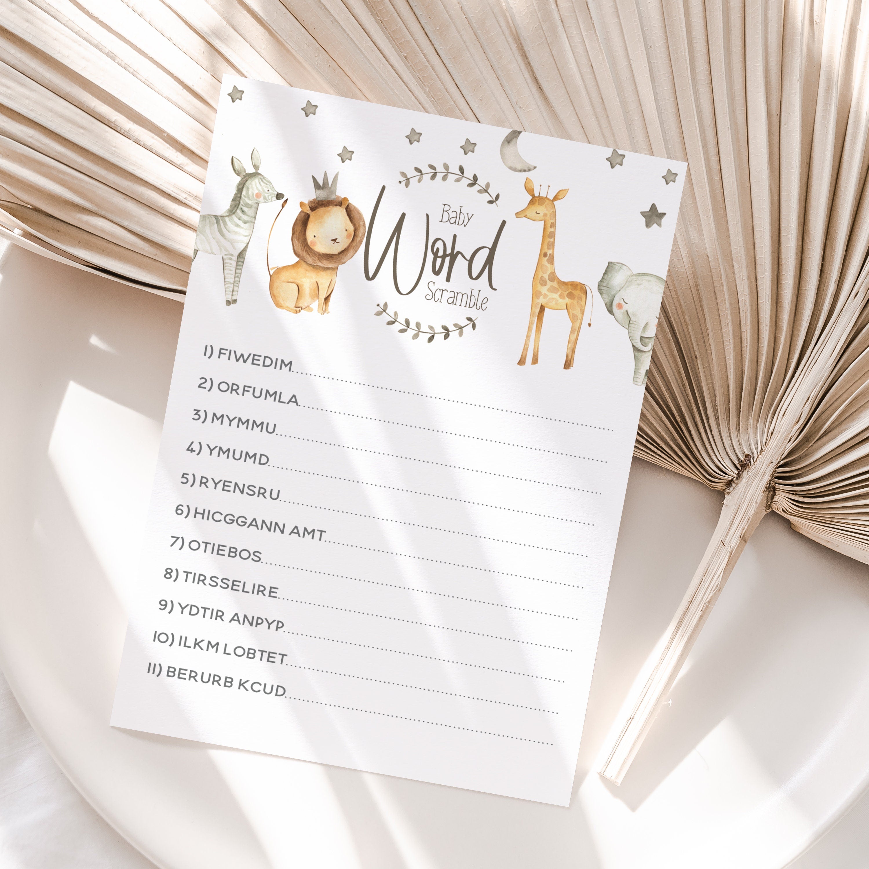 Cute Watercolour Safari Baby Shower Games Word Scramble Cards