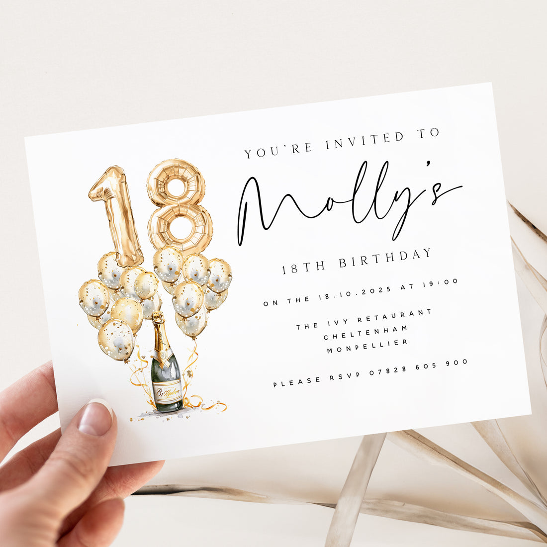 Personalised 18th birthday invitation gold balloon & Champagne