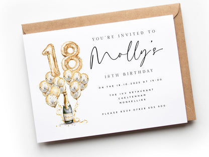 Personalised 18th birthday invitation gold balloon &amp; Champagne