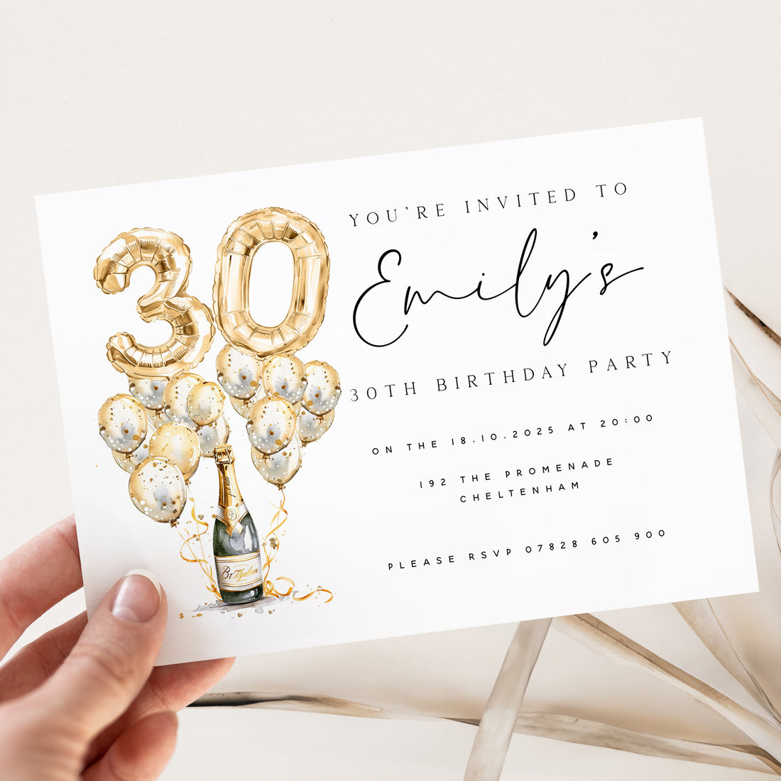 Personalised 30th birthday invitation gold balloon & Champagne