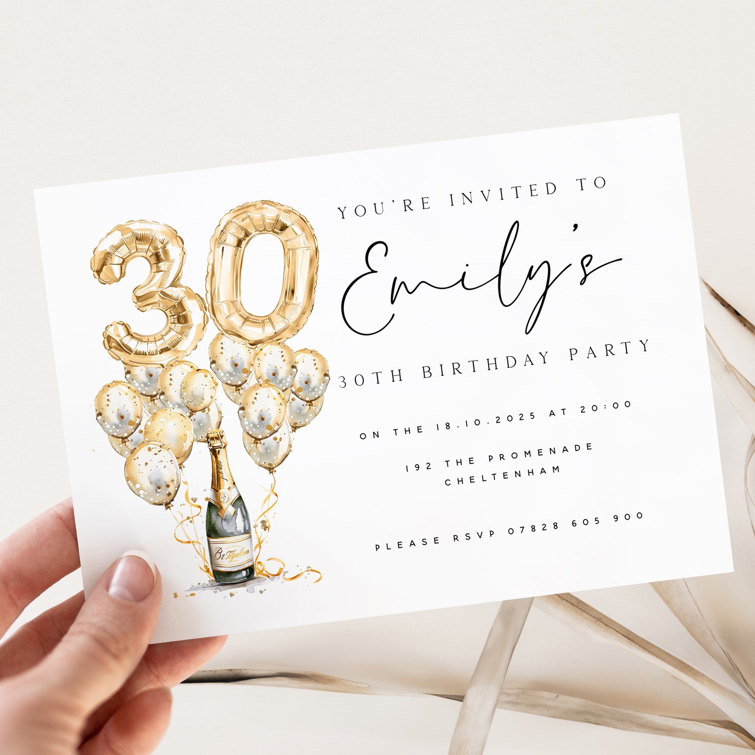 Personalised 30th birthday invitation gold balloon &amp; Champagne