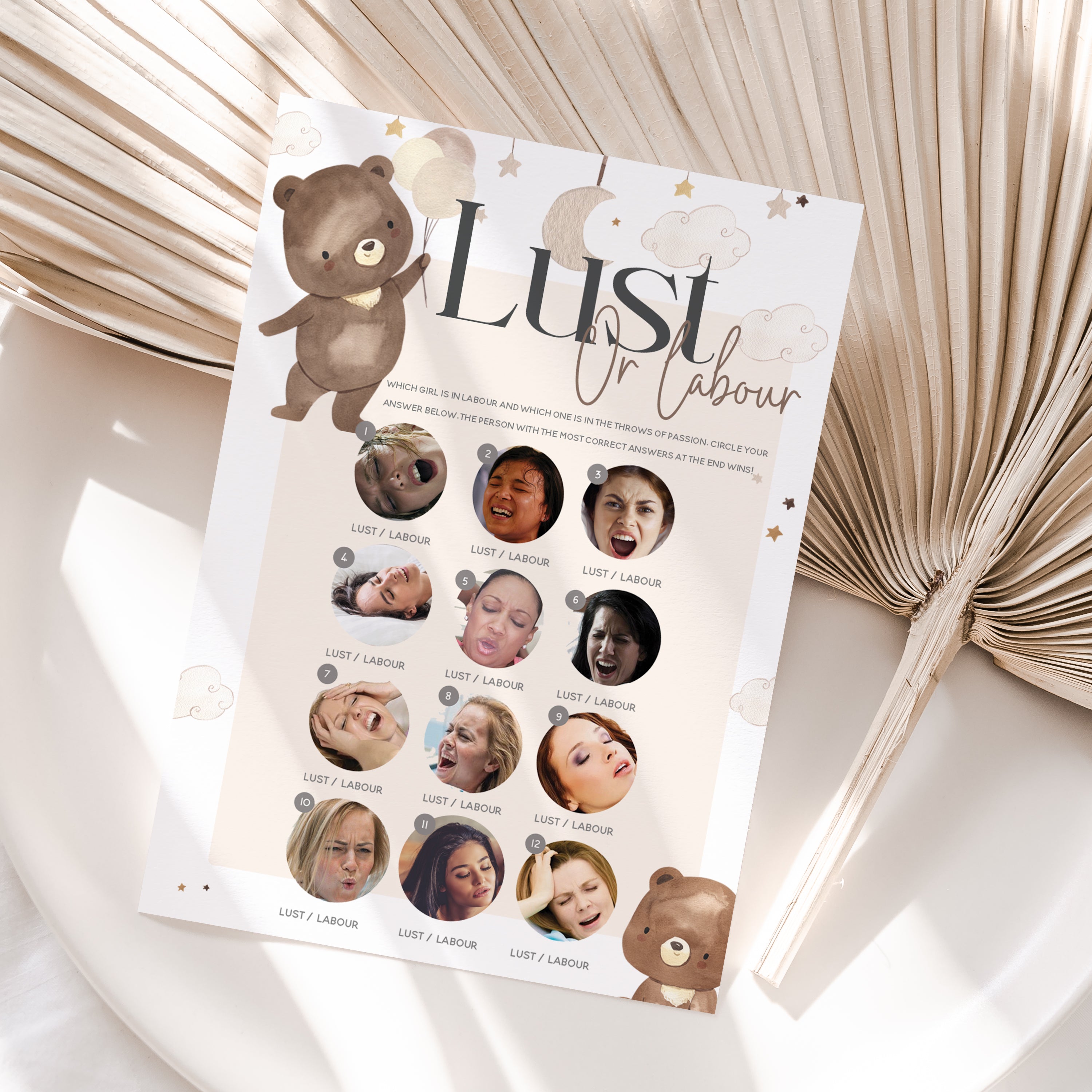 Teddy Bear Theme Lust or Labour Game Cards