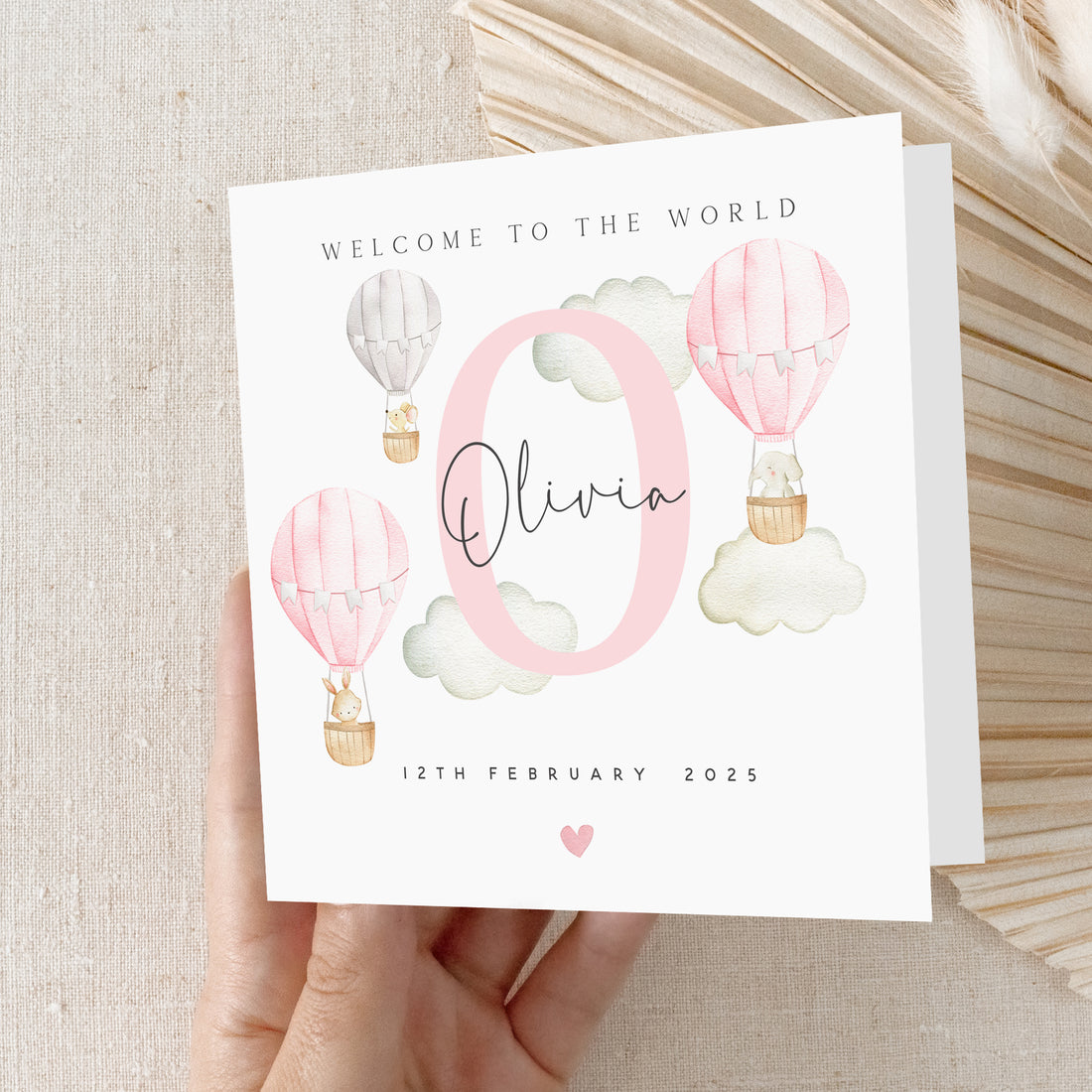 Personalised Welcome To The World Pink Hot Air Balloon Newborn Baby Card
