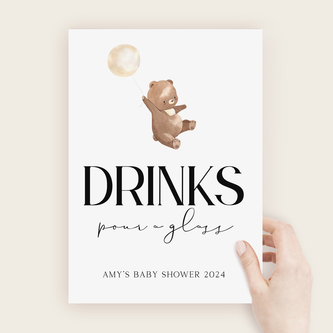 Cute Watercolour Bear Drinks Baby Shower Sign