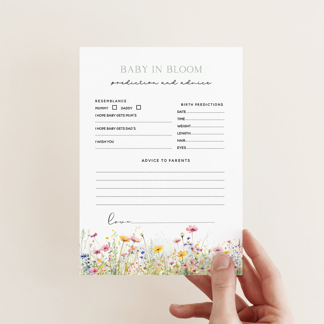Wildflower Meadow Design Baby Shower Baby Birth Prediction &amp; Advice Cards A5