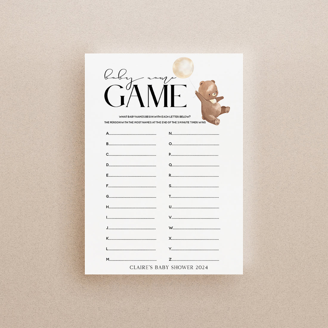 Personalised Teddy Bear Baby Name Game Cards