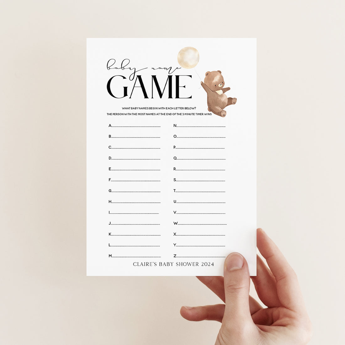 Personalised Teddy Bear Baby Name Game Cards
