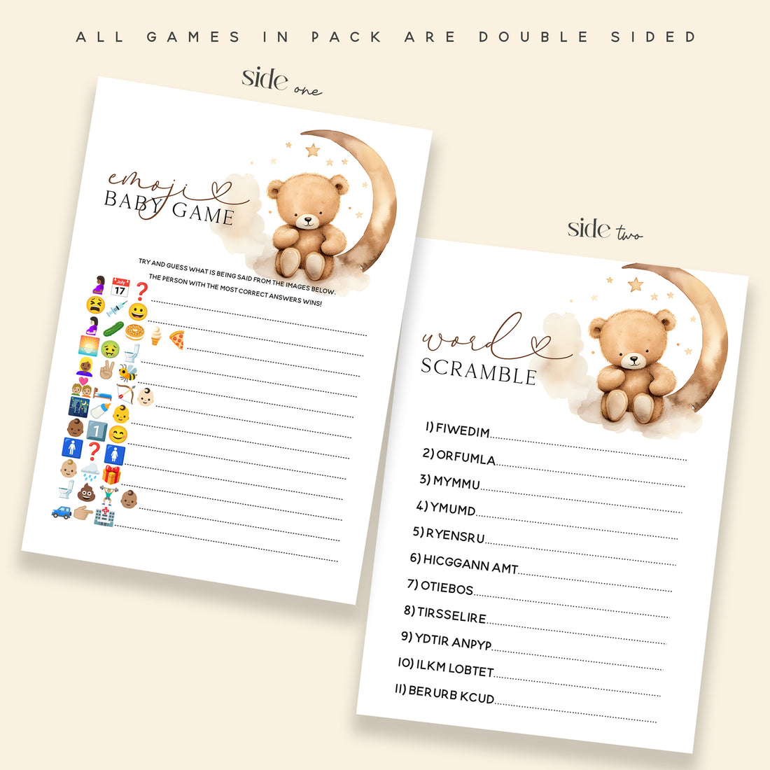 Goodnight Teddy Bear 6 Game Pack Double Sided Baby Shower Game Cards A5