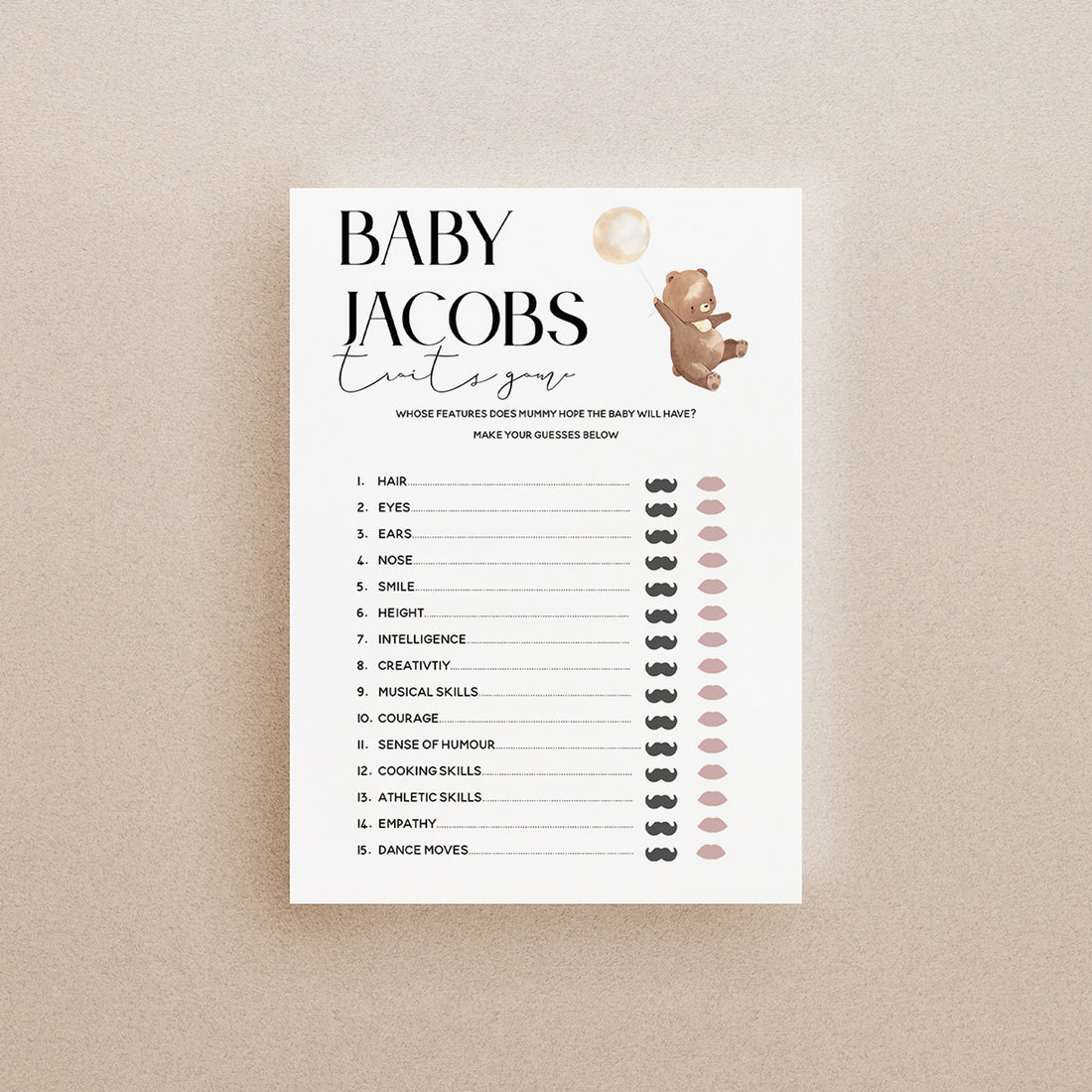 Personalised Teddy Bear Baby Traits Game Cards