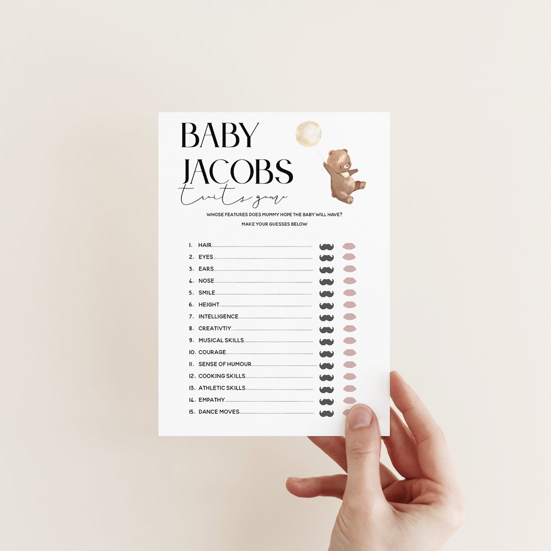 Personalised Teddy Bear Baby Traits Game Cards