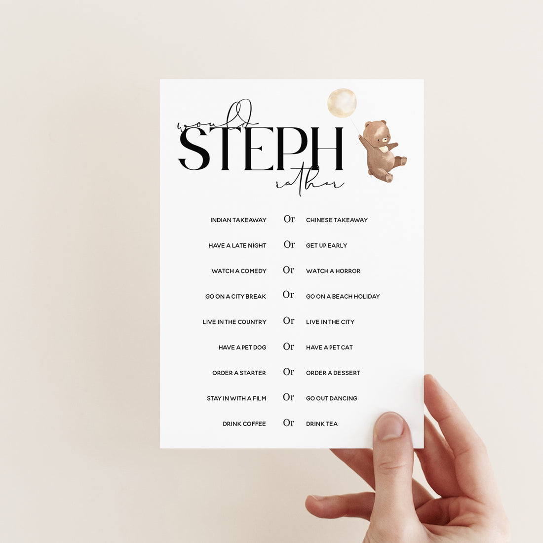 Personalised Teddy Bear Would She Rather Cards