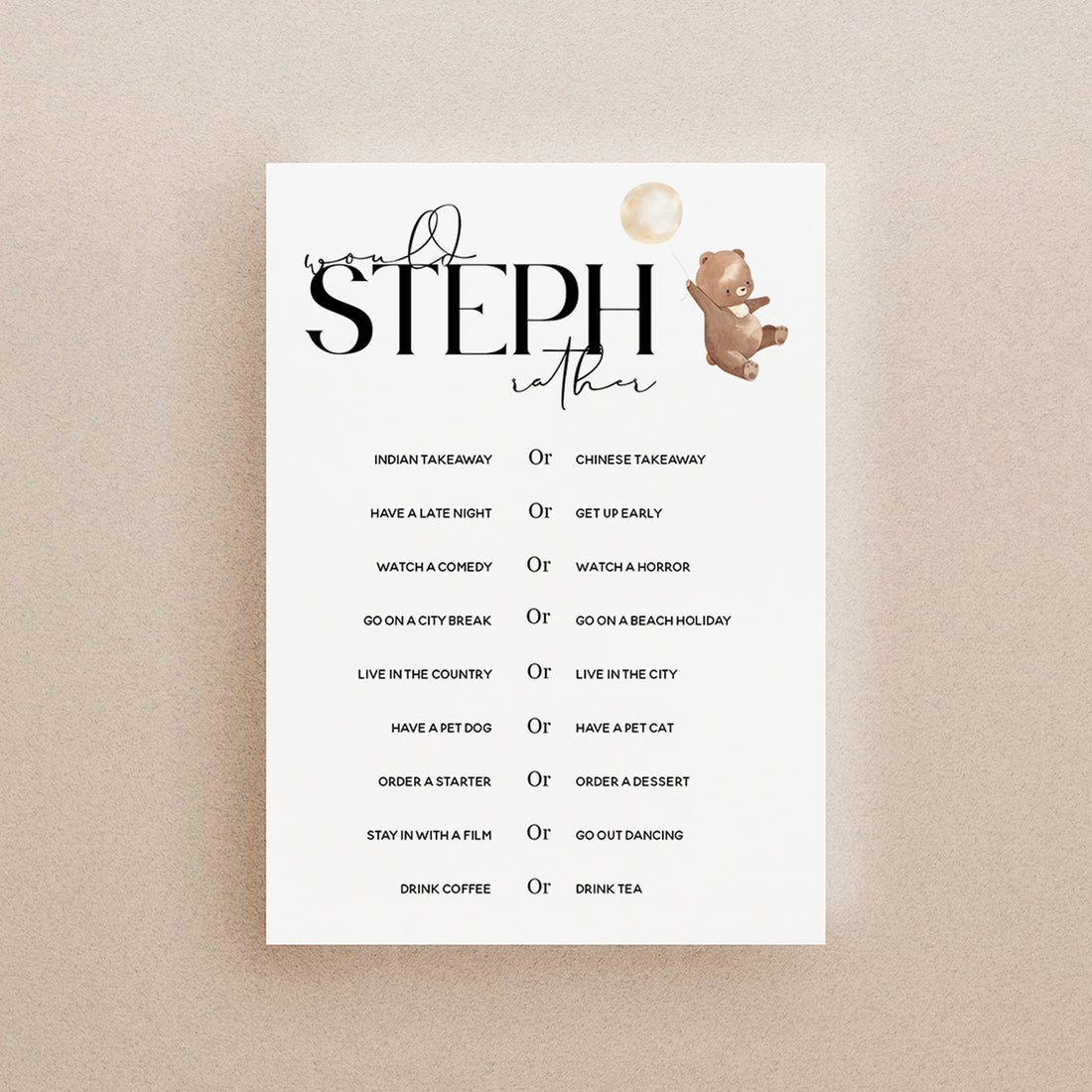 Personalised Teddy Bear Would She Rather Cards