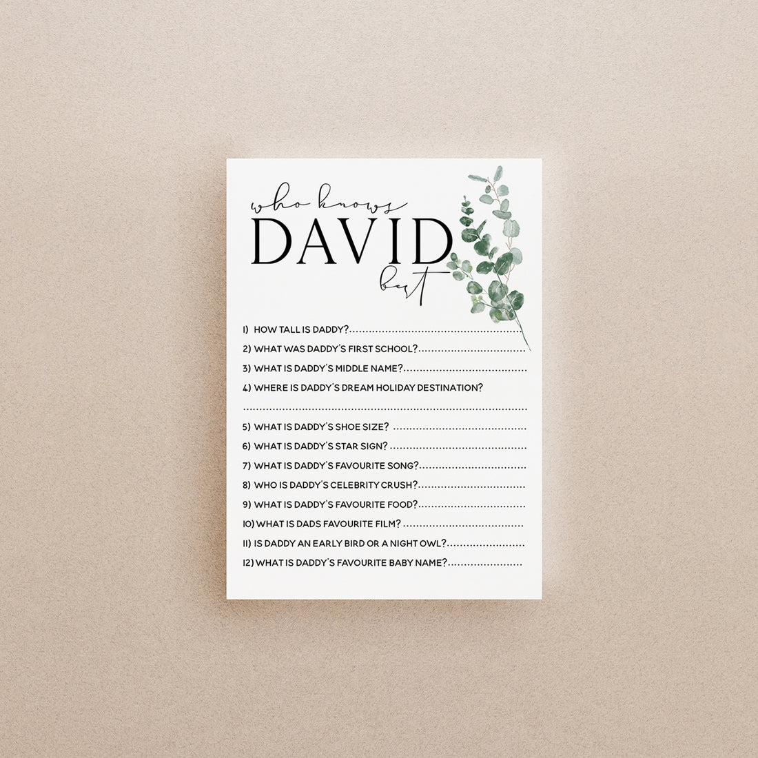 Personalised Botanical Who Knows Daddy Best Game