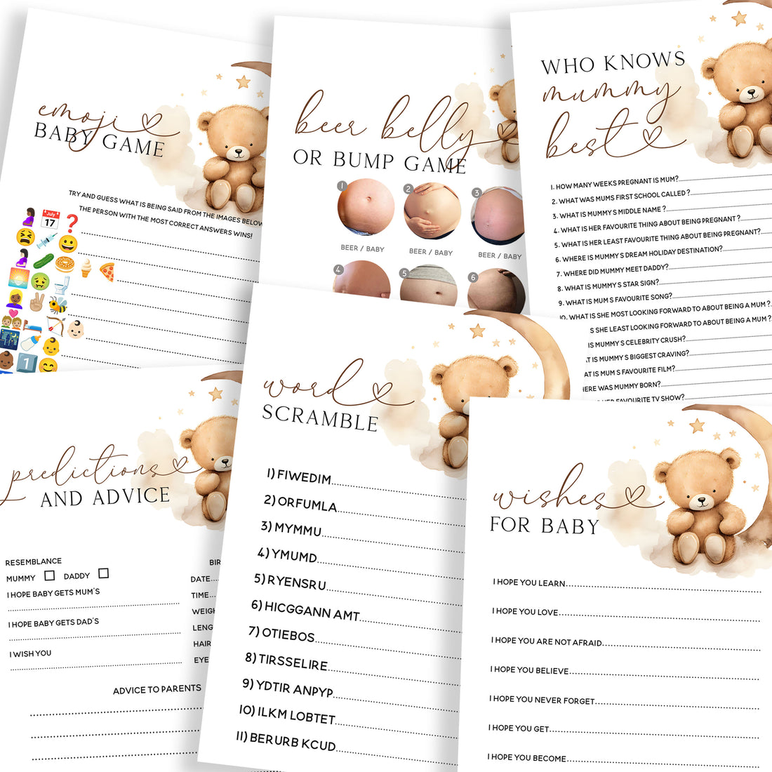 Goodnight Teddy Bear 6 Game Pack Double Sided Baby Shower Game Cards A5