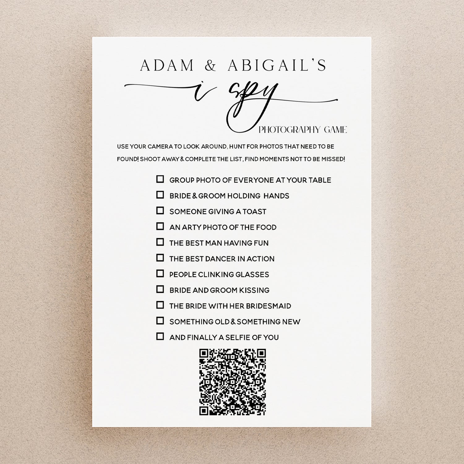 Wedding I Spy Game Game with QR code option