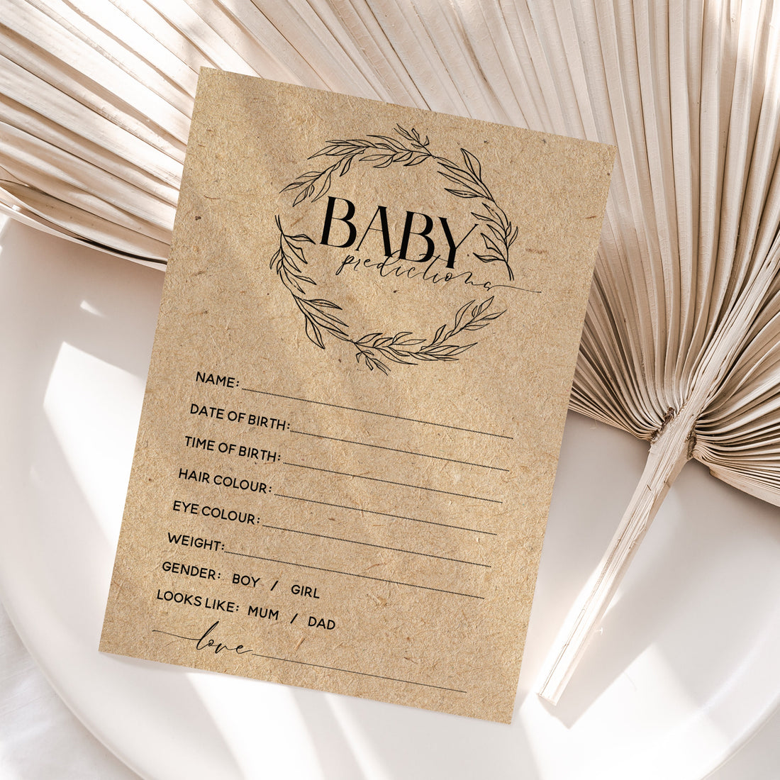 Baby Shower Prediction Cards Botanical KRAFT Afternoon Tea Party Design New Mum To Be Gender Reveal Party Games Favours Ideas / Keepsake