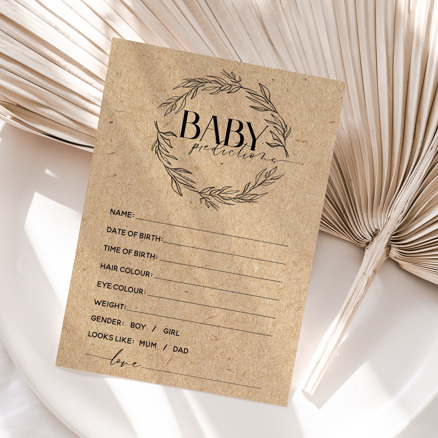 Baby Shower Prediction Cards Botanical KRAFT Afternoon Tea Party Design New Mum To Be Gender Reveal Party Games Favours Ideas / Keepsake