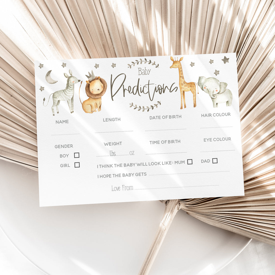 Baby Shower Baby Prediction Cards 50 pack-Safari Watercolour Theme-Baby Shower Games Party New Mum To Be Gender Reveal Party Games Ideas