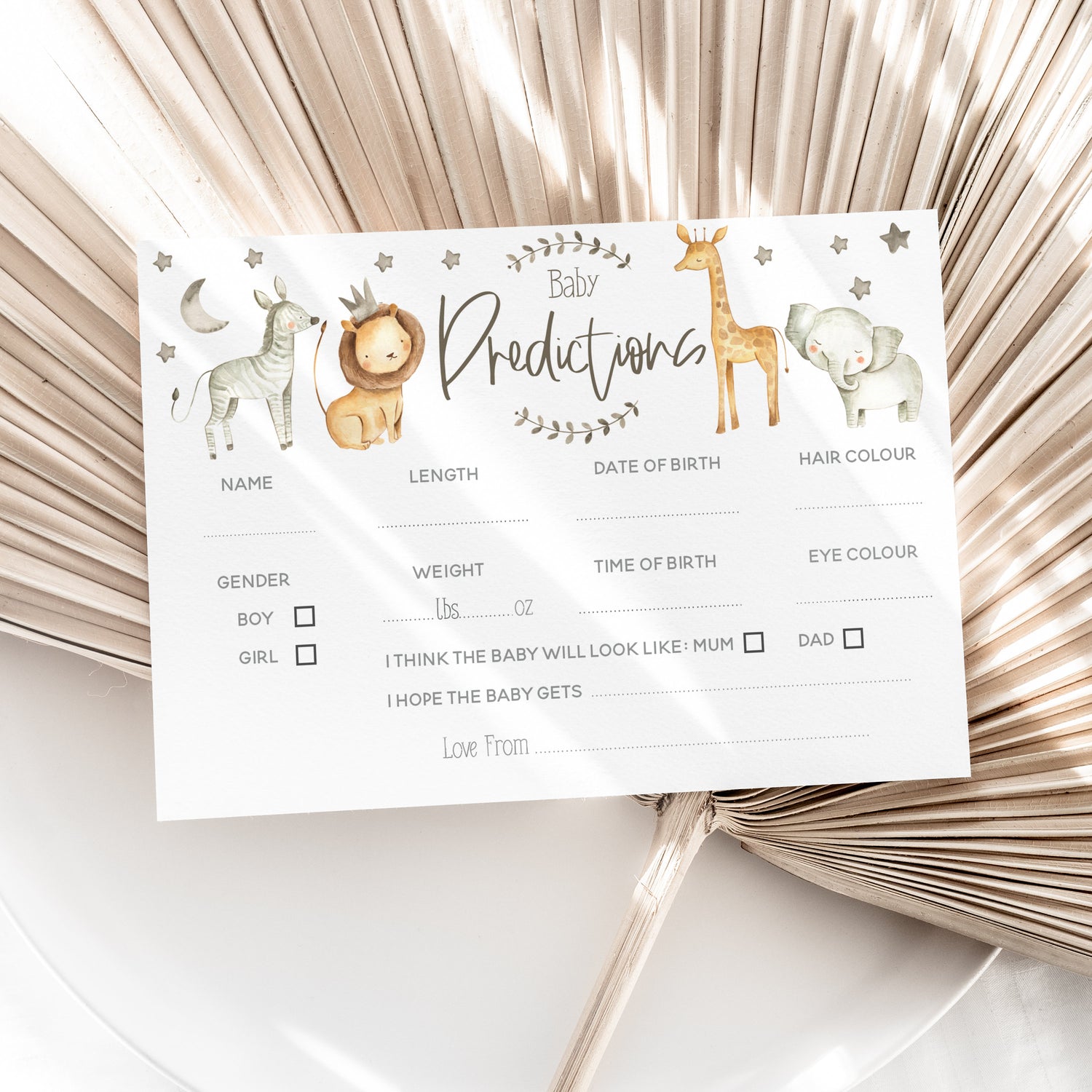 Baby Shower Baby Prediction Cards 50 pack-Safari Watercolour Theme-Baby Shower Games Party New Mum To Be Gender Reveal Party Games Ideas