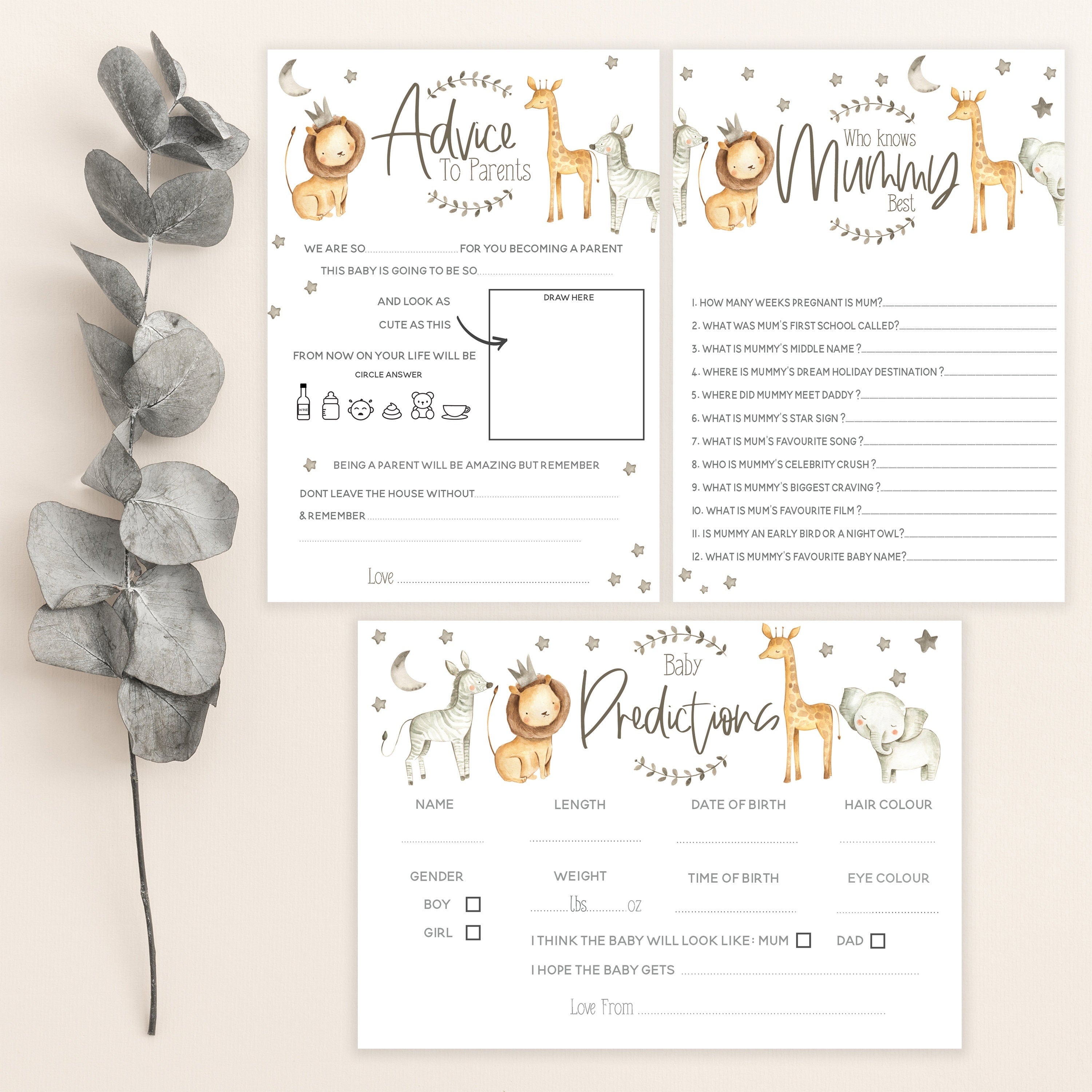 Safari Animals Baby Shower Games 3 In 1 Pack