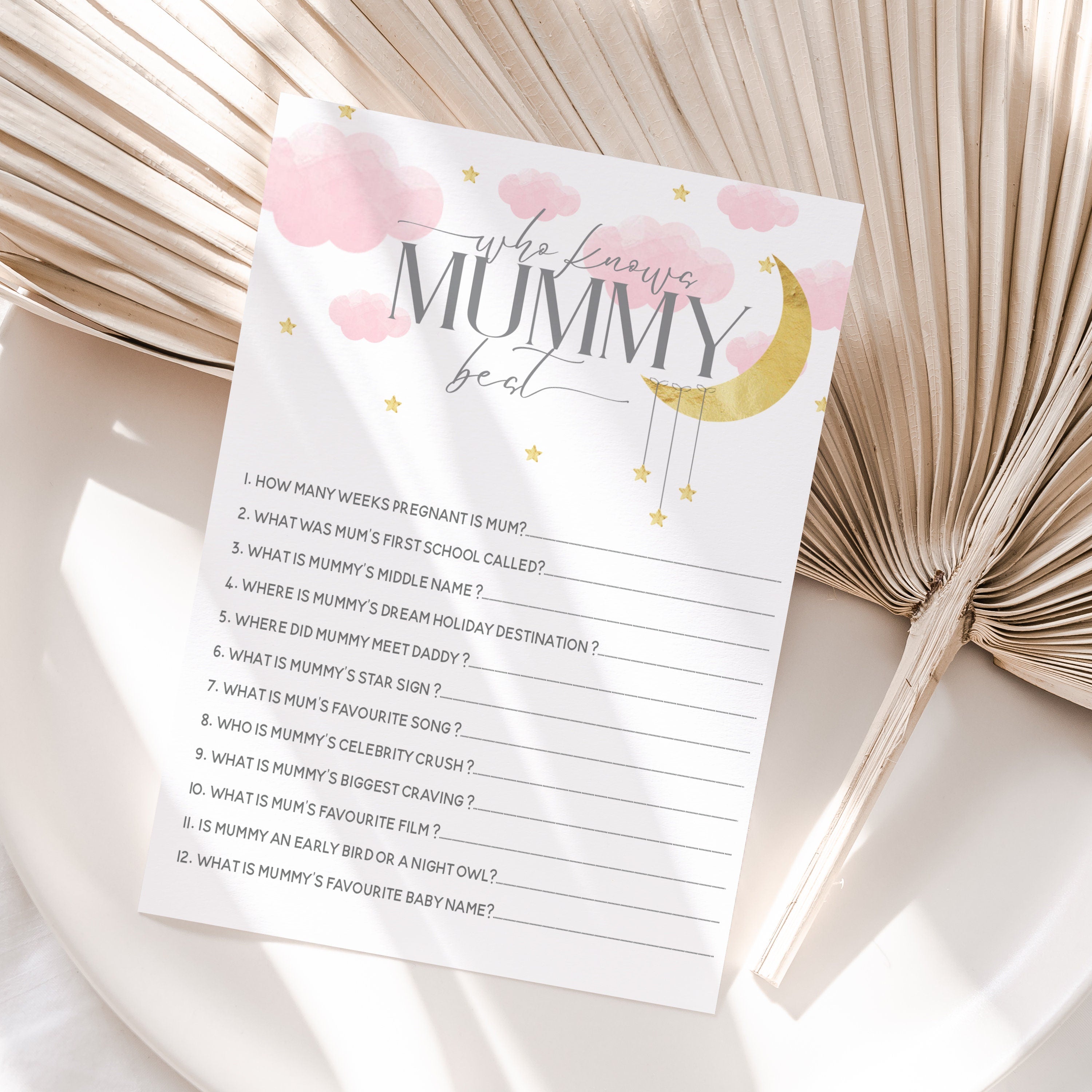 Baby Shower Games 3 In 1 Pack Pink Girls Baby Shower Games Prediction Cards, Who Knows Mummy Best, Advice Cards Moon and Stars