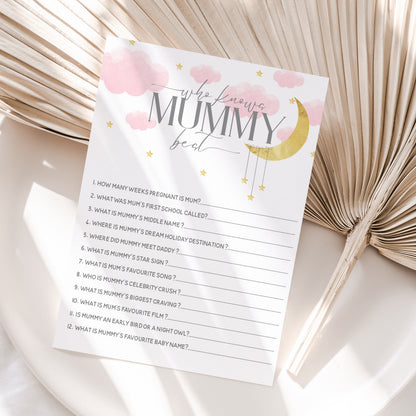 Baby Shower Games 3 In 1 Pack Pink Girls Baby Shower Games Prediction Cards, Who Knows Mummy Best, Advice Cards Moon and Stars