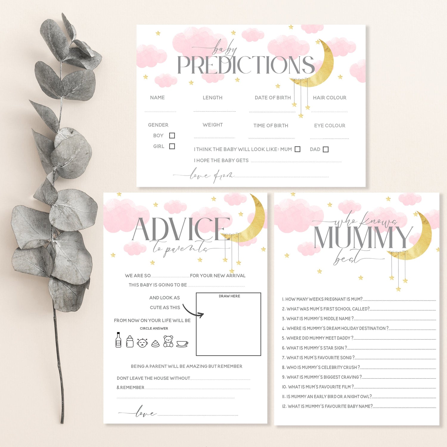 Baby Shower Games 3 In 1 Pack Pink Girls Baby Shower Games Prediction Cards, Who Knows Mummy Best, Advice Cards Moon and Stars