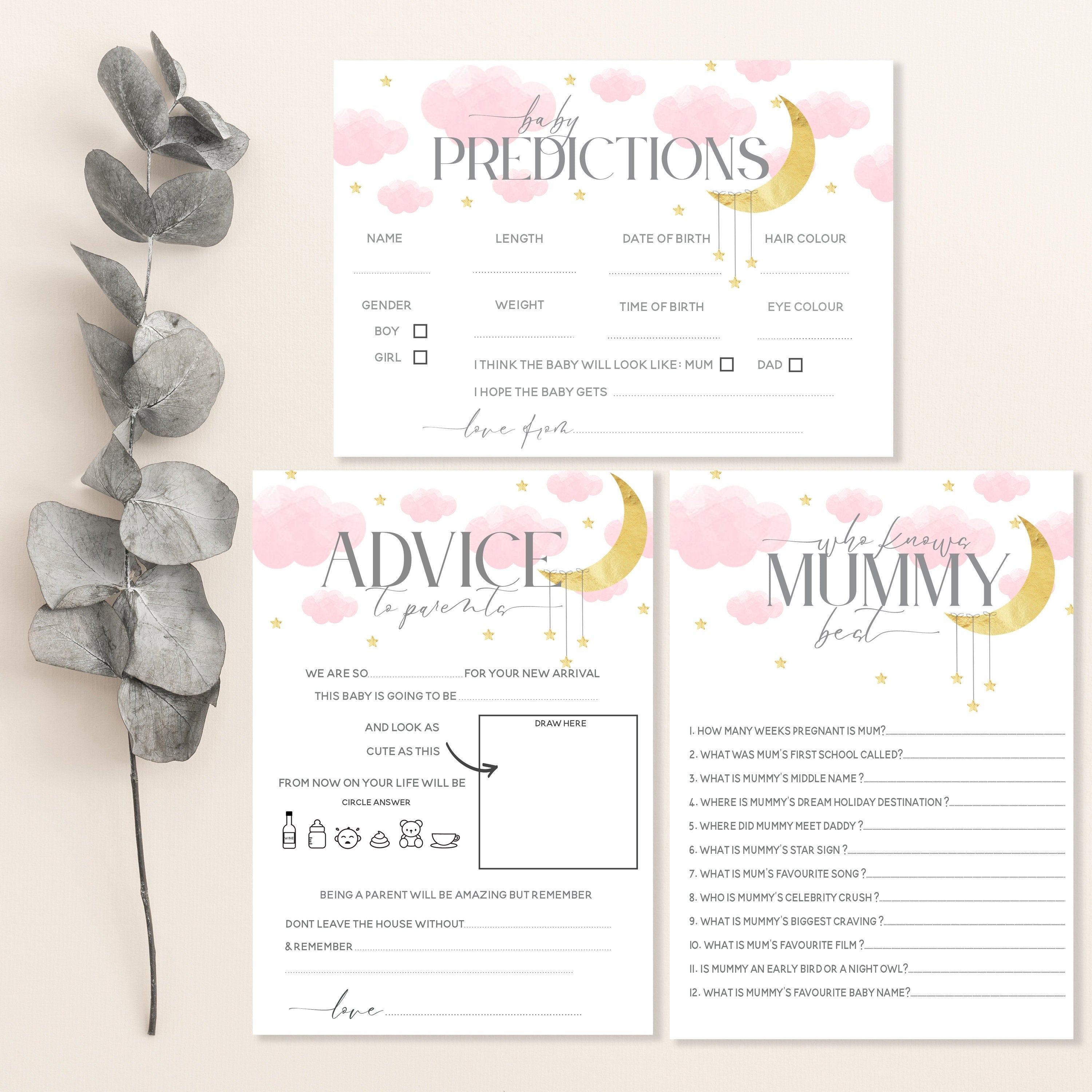 Baby Shower Games 3 In 1 Pack Pink Girls Baby Shower Games Prediction Cards, Who Knows Mummy Best, Advice Cards Moon and Stars