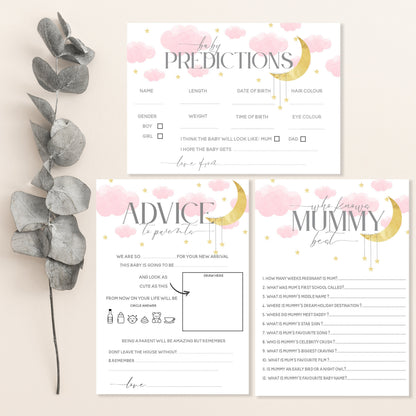 Baby Shower Games 3 In 1 Pack Pink Girls Baby Shower Games Prediction Cards, Who Knows Mummy Best, Advice Cards Moon and Stars