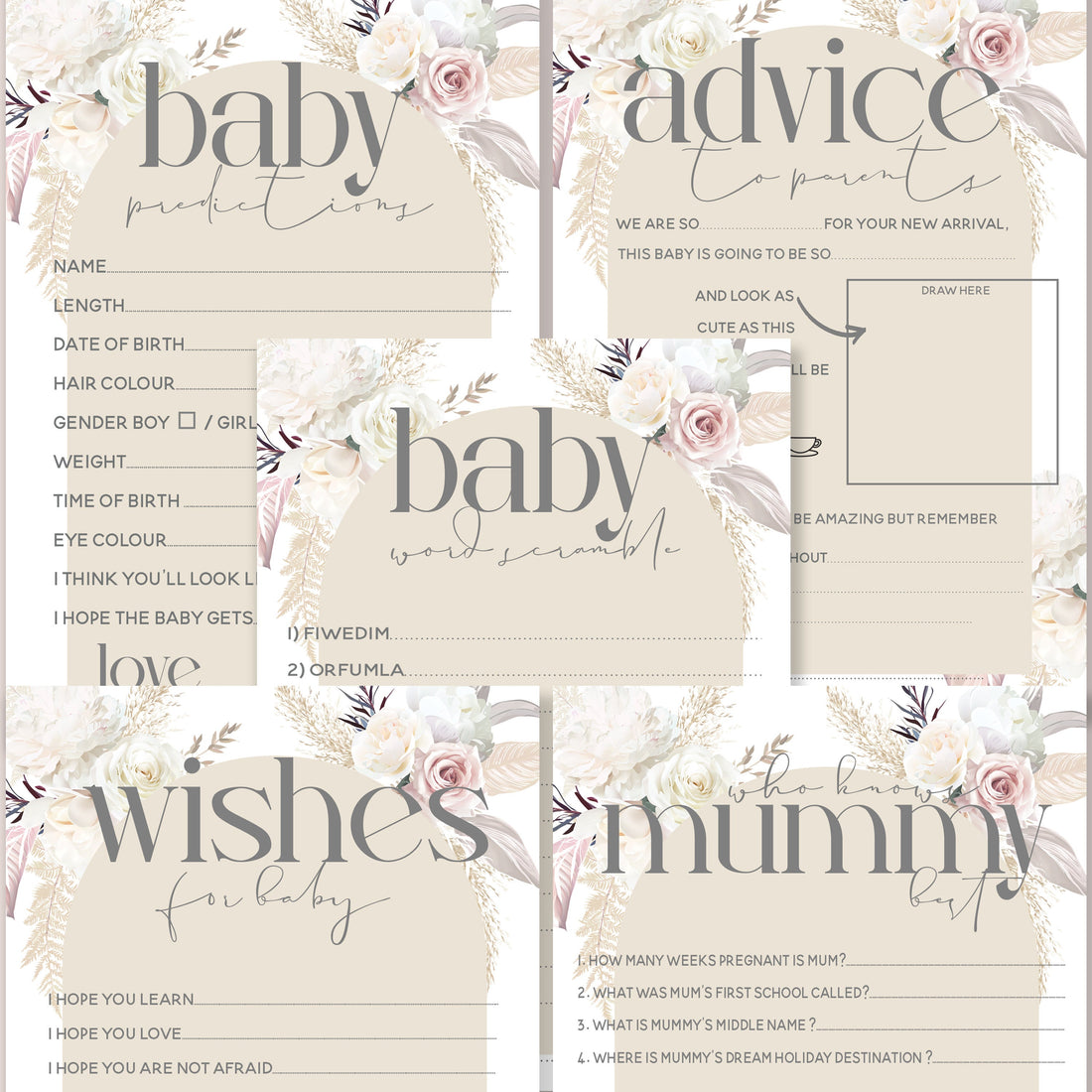 Baby Shower Games 5 In 1 Boho Pampas Grass Theme