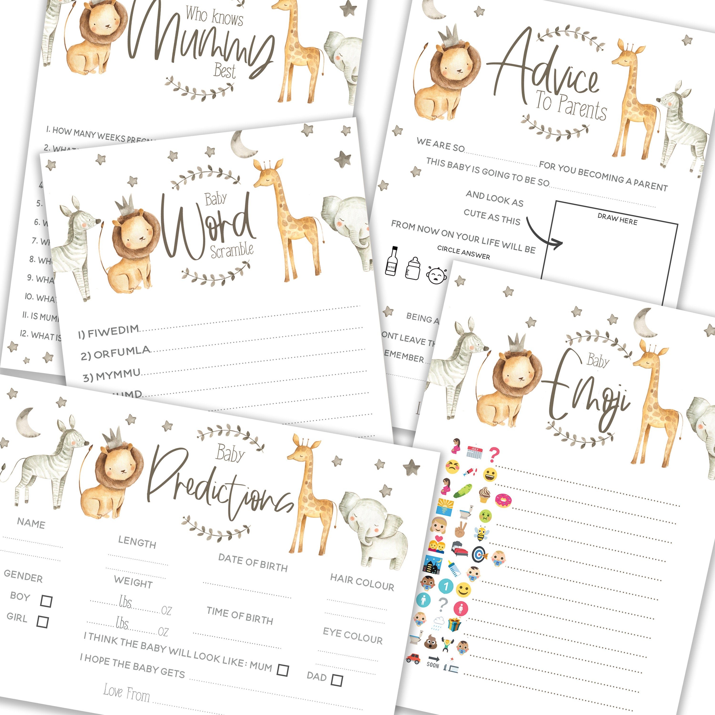 Safari Baby Shower Game Bundle 5 In 1