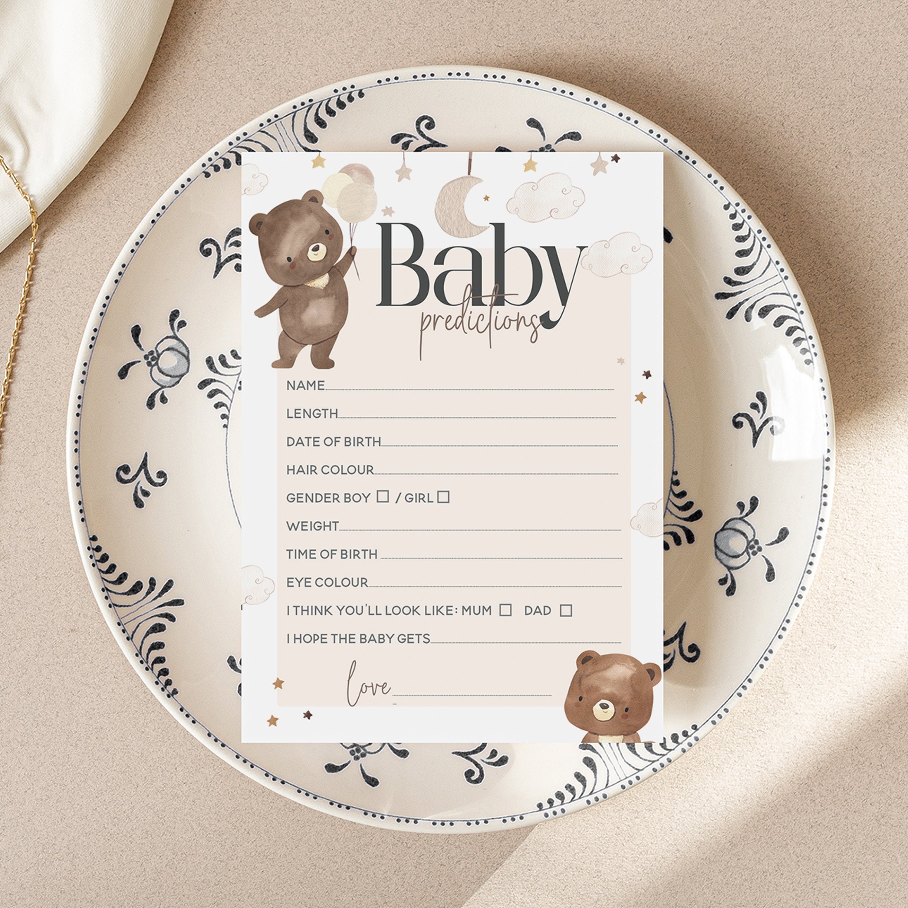 Baby Shower Baby Prediction Cards 50 pack-Teddy Bear Theme-Neutral Baby Shower Games Party New Mum To Be Gender Reveal Party Games Ideas