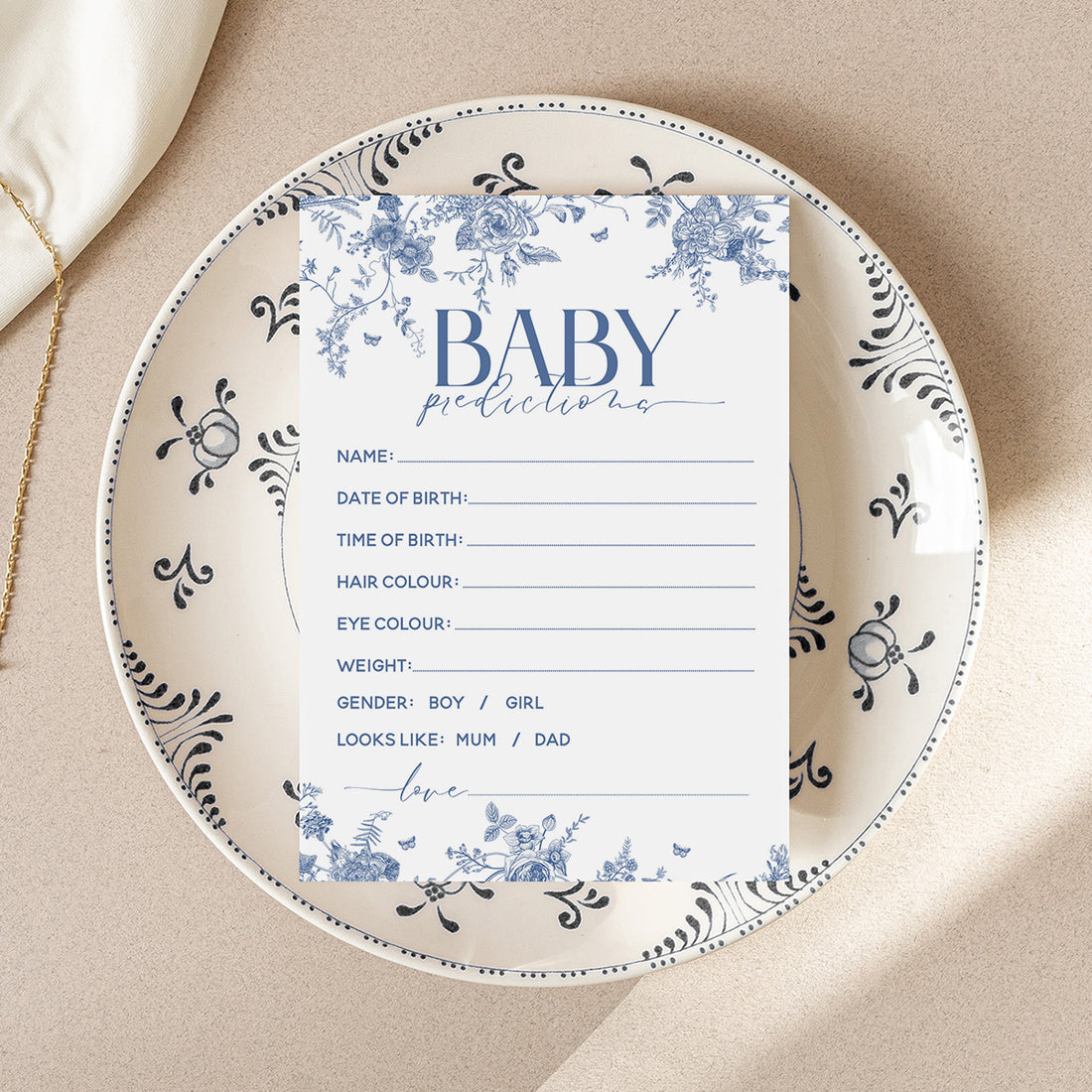 Baby Shower Baby Prediction Cards 50 pack-Floral Blue Botanical Theme-Baby Shower Games Party New Mum To Be Gender Reveal Party Games Ideas