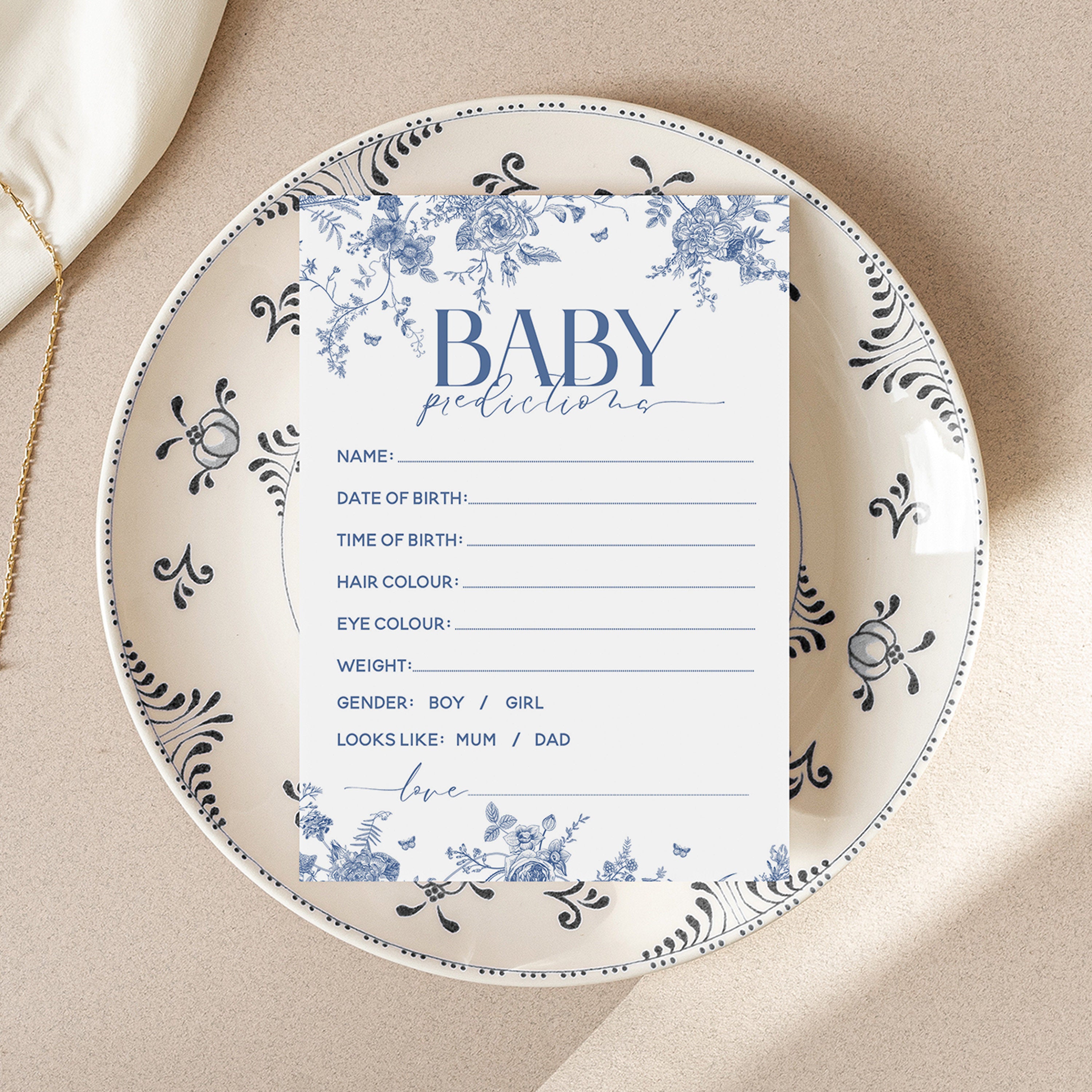 Baby Shower Baby Prediction Cards 50 pack-Floral Blue Botanical Theme-Baby Shower Games Party New Mum To Be Gender Reveal Party Games Ideas