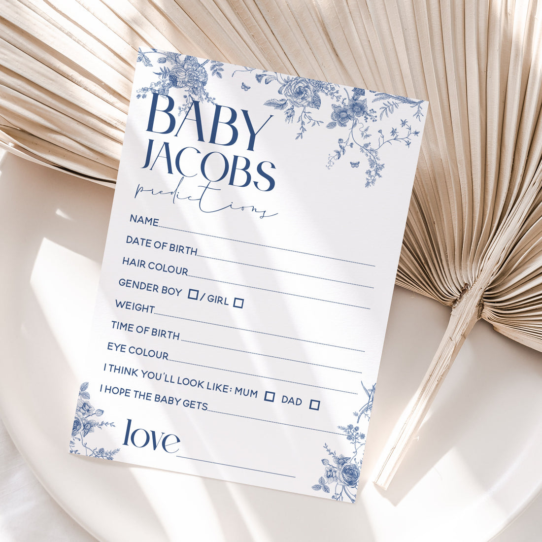 Personalised Blue Porcelain Baby Shower Prediction Cards