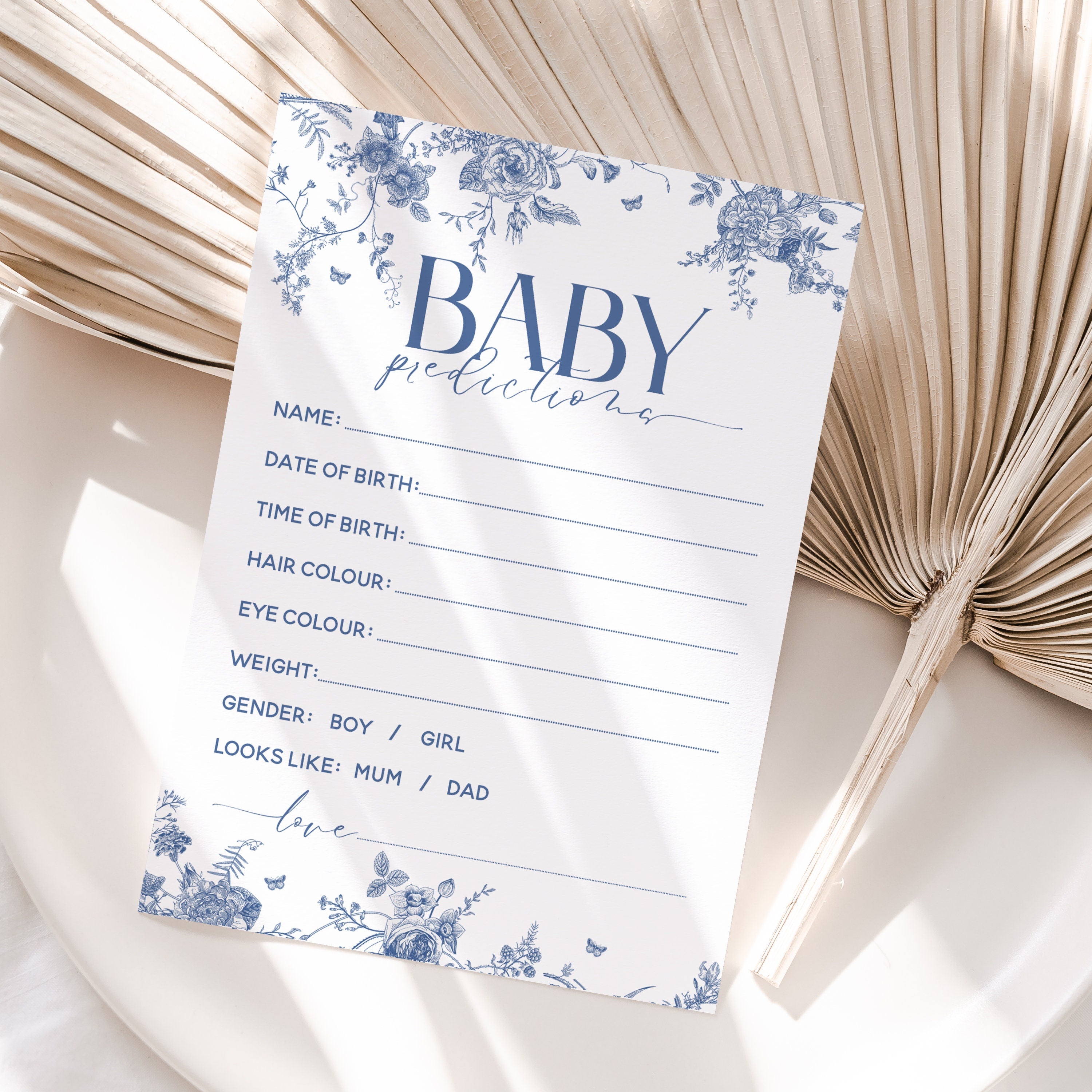 Baby Shower Prediction Cards Botanical Blue Afternoon Tea Party Design New Mum To Be Gender Reveal Party Games Favours Ideas / Keepsake A6