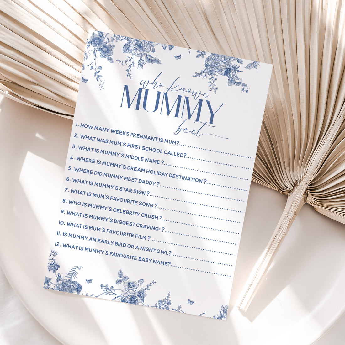 Baby Shower Who Knows Mummy Best Cards Blue Botanical Design- Baby Boy/Girl- New Mum To Be Gender Reveal Party Games- Favours Ideas