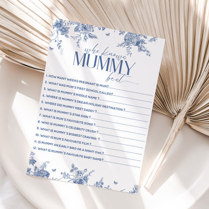 Baby Shower Who Knows Mummy Best Cards Blue Botanical Design- Baby Boy/Girl- New Mum To Be Gender Reveal Party Games- Favours Ideas