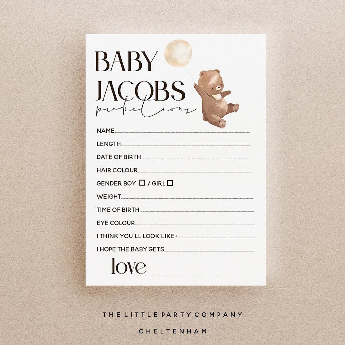 Personalised Bear Theme Prediction Cards-Teddy Bear Baby Shower Games -New Mum To Be -Gender Reveal Party Games-Unisex Baby Shower Game Bear