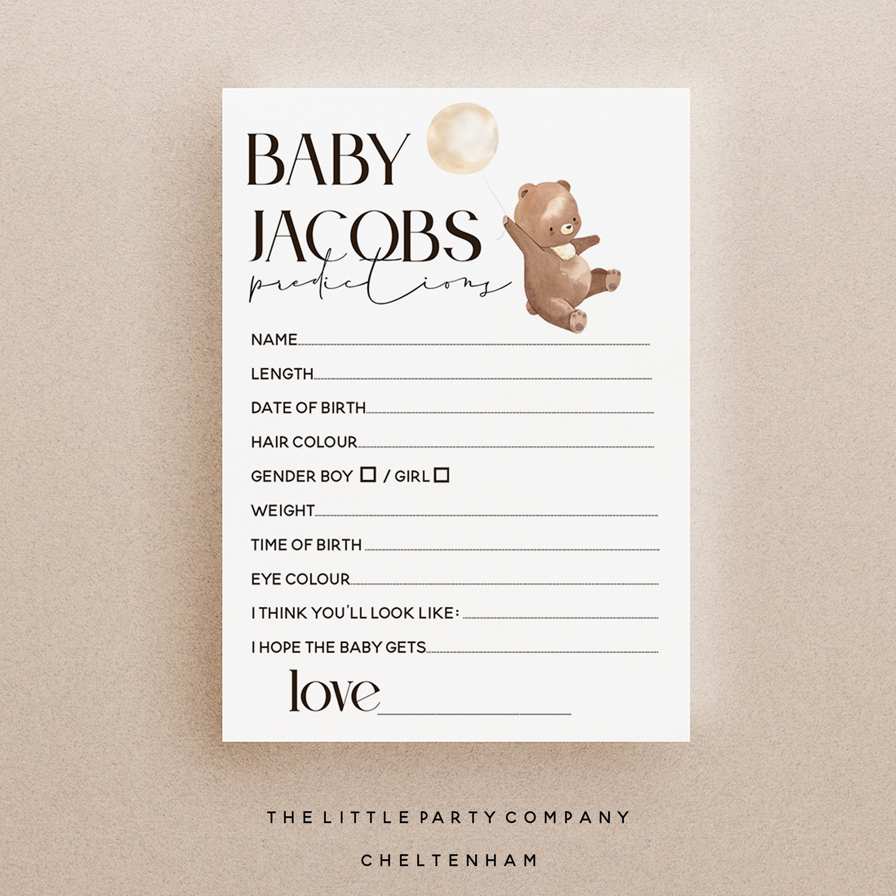 Personalised Bear Theme Prediction Cards-Teddy Bear Baby Shower Games -New Mum To Be -Gender Reveal Party Games-Unisex Baby Shower Game Bear