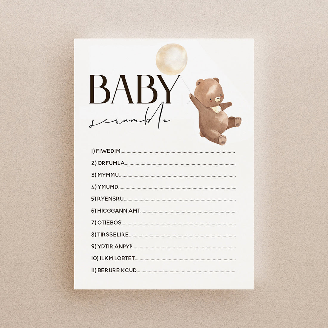 Bear Theme Baby Scramble Cards-Teddy Bear Baby Shower Games -New Mum To Be -Gender Reveal Party Games-Unisex Baby Shower Game Bear-Sprinkle