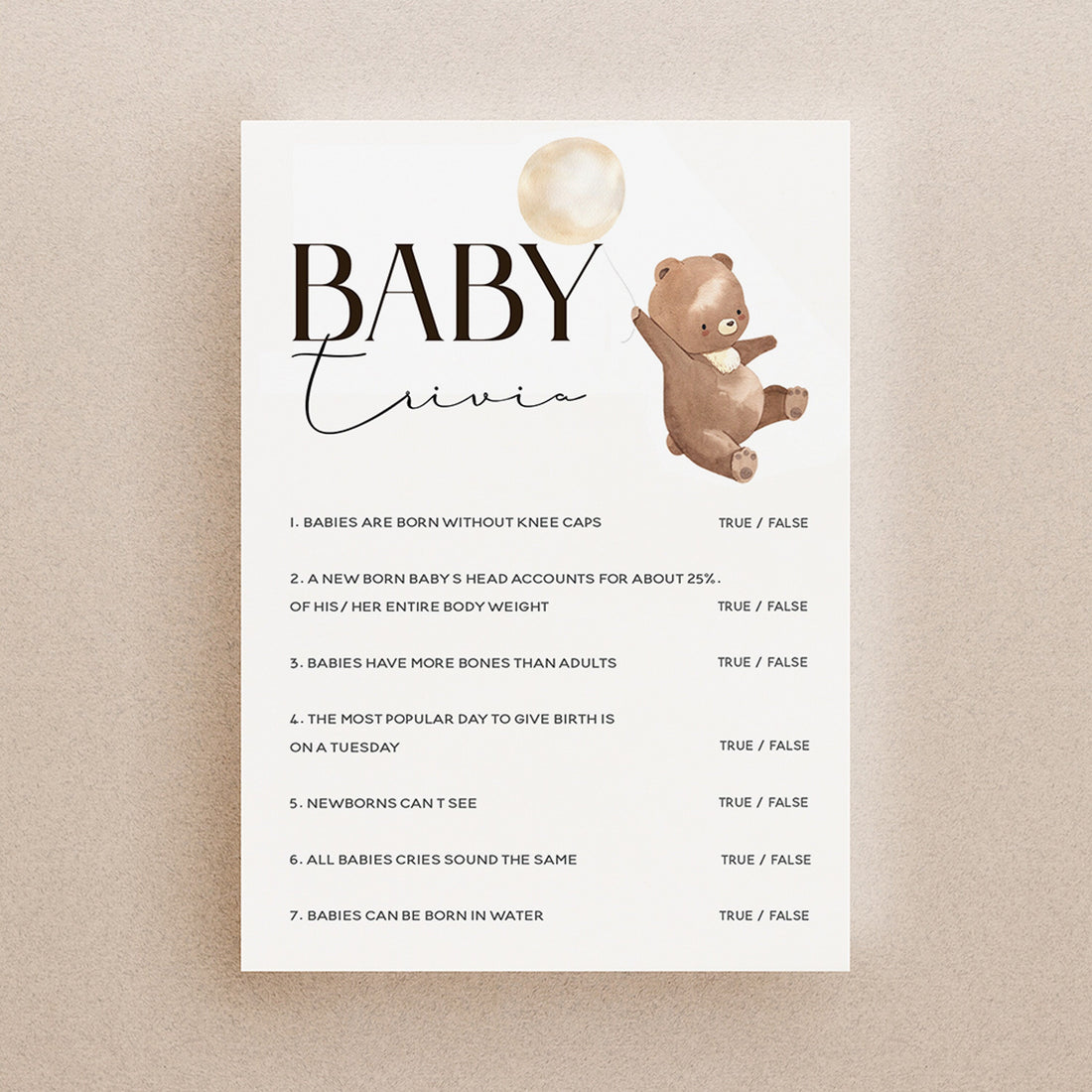 Bear Theme Baby Trivia Cards-Teddy Bear Baby Shower Games -New Mum To Be -True or False Party Games-Unisex Baby Shower Game Bear-Sprinkle
