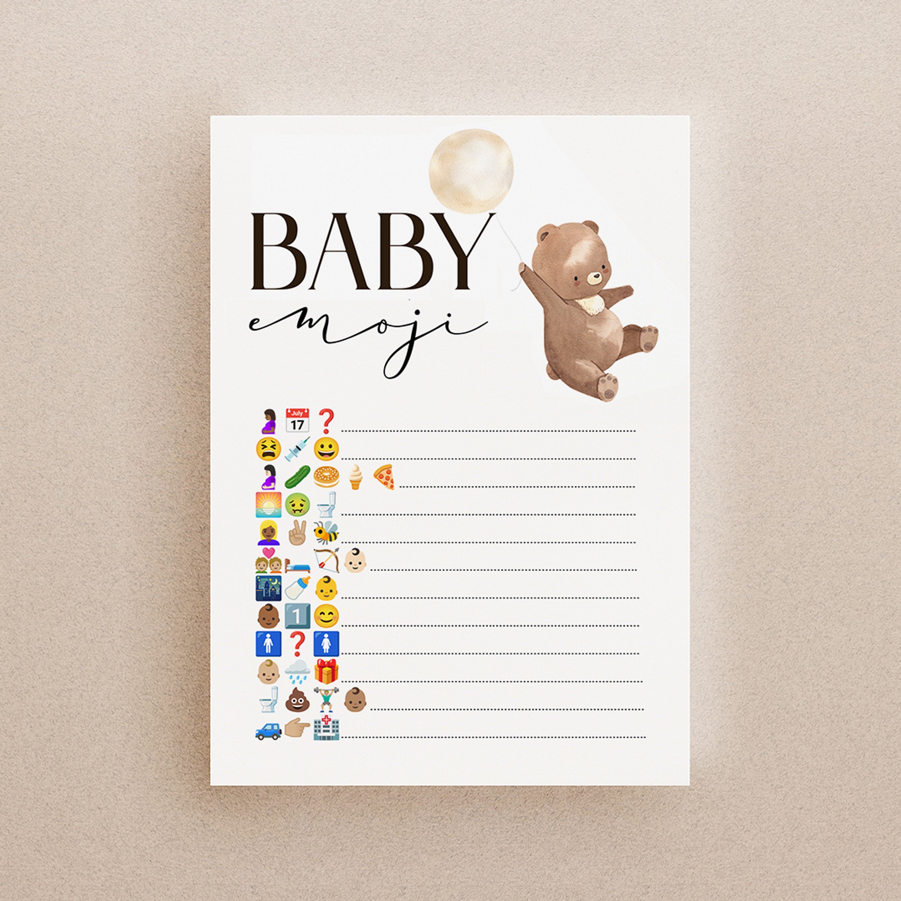 Bear Theme Baby Emoji Game Cards-Teddy Bear Baby Shower -New Mum To Be -Gender Reveal Party Games-Unisex Baby Shower Game Bear-Sprinkle