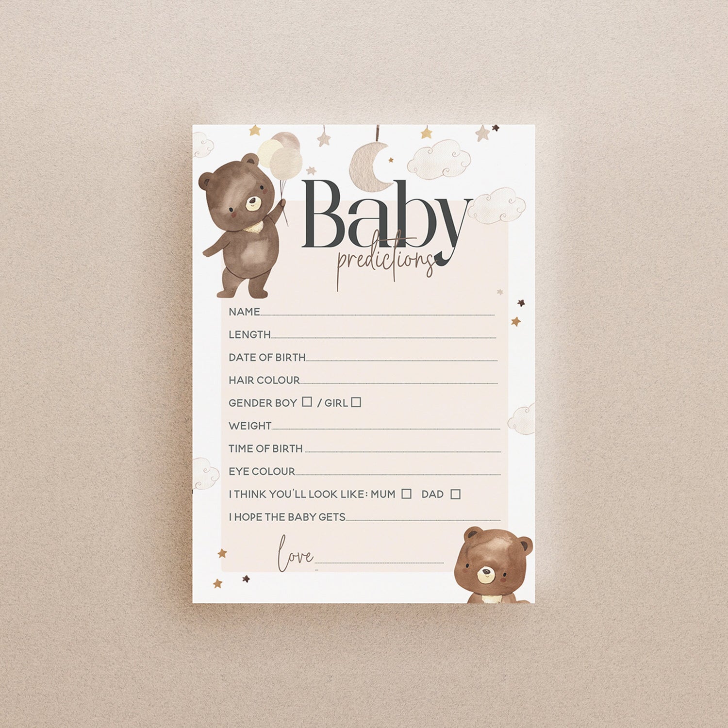 Baby Shower Bear Game Prediction Cards-Neutral Teddy Bear Theme-Bear With Balloon Baby Shower Games-Bear Predictions-Unisex Baby Shower