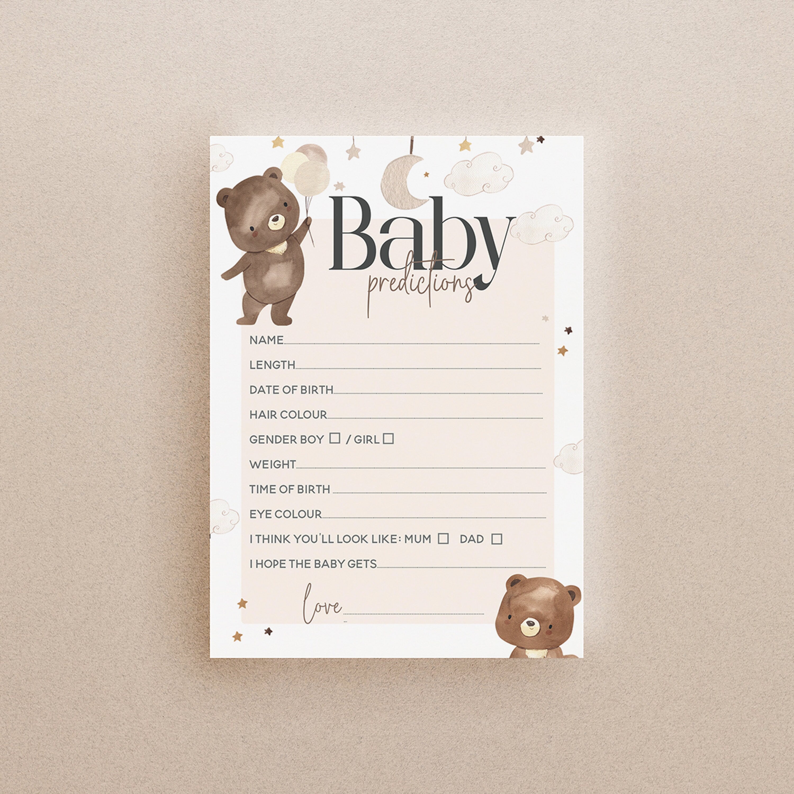 Baby Shower Bear Game Prediction Cards-Neutral Teddy Bear Theme-Bear With Balloon Baby Shower Games-Bear Predictions-Unisex Baby Shower